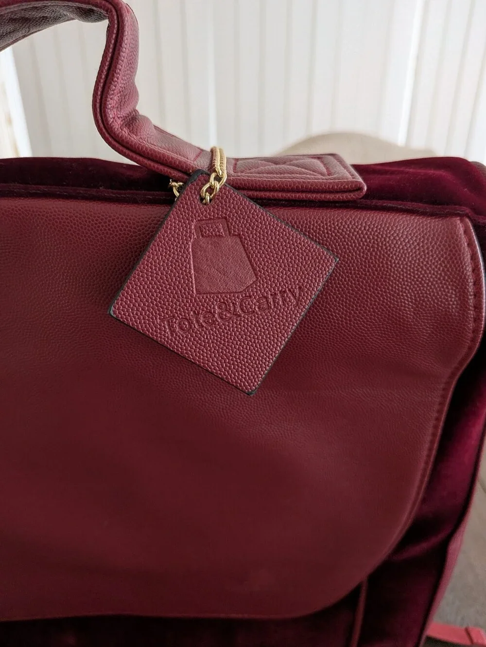 Tote & Carry Velvet Vegan Leather Backpack Bag Burgundy